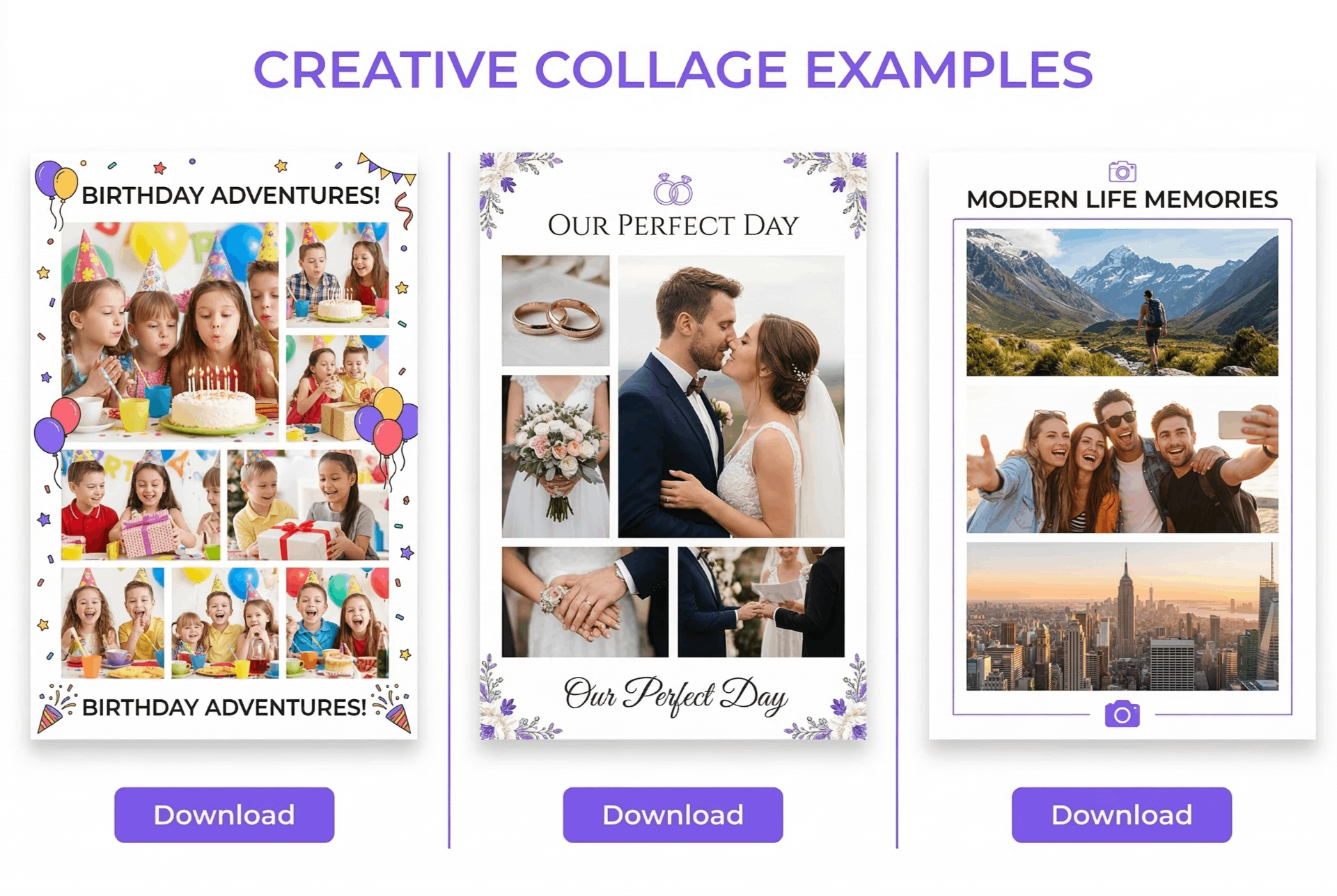 Birthday, wedding and 3‑photo collages created with free online collage maker unlimited photos