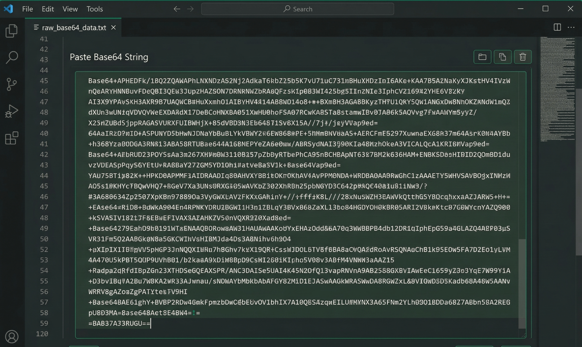 Raw Base64 string in editor - before using base64 to image decoder tool