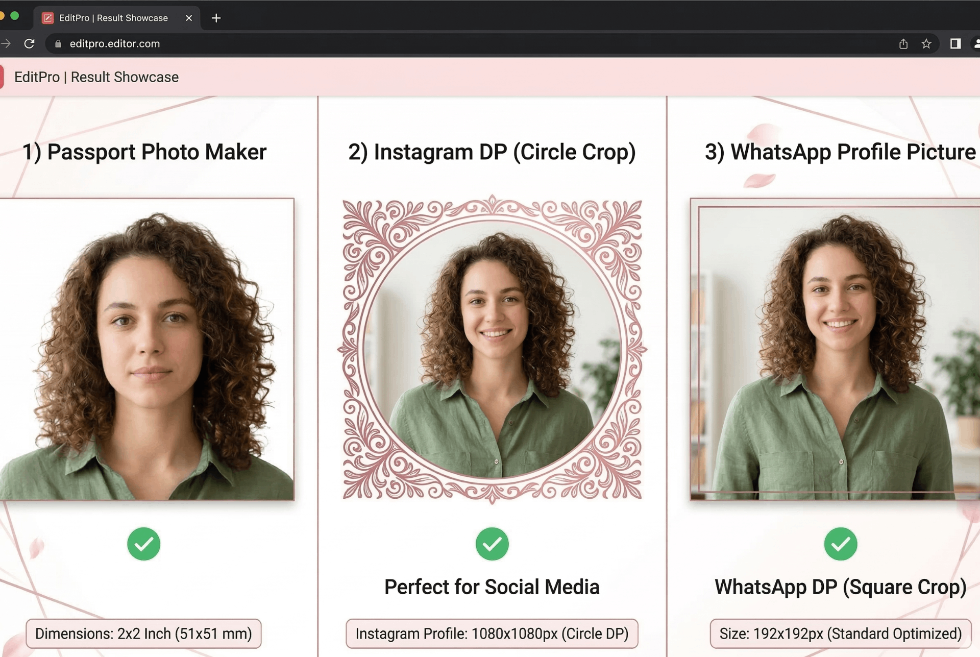 Various cropped results: passport photo, circle crop with border, WhatsApp DP - results of circle crop image and passport photo maker tools