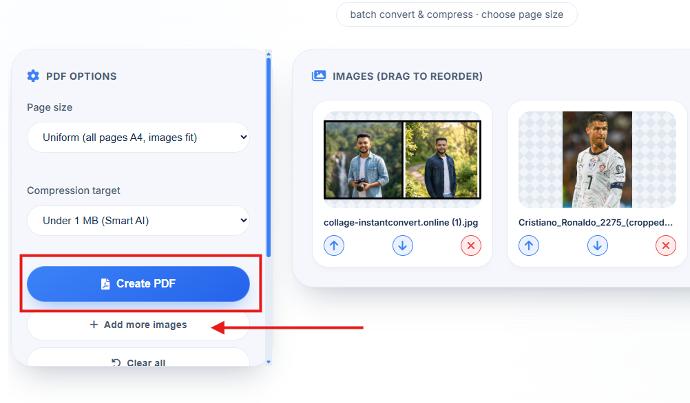 Multiple large images loaded for batch conversion - using image to pdf converter and compressor tool