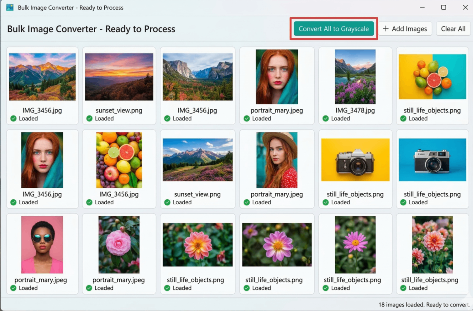 Multiple colorful images loaded in bulk before conversion - using bulk image to grayscale converter tool