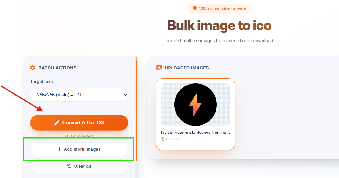 Multiple images loaded for bulk conversion - using image to ico bulk converter online free tool
