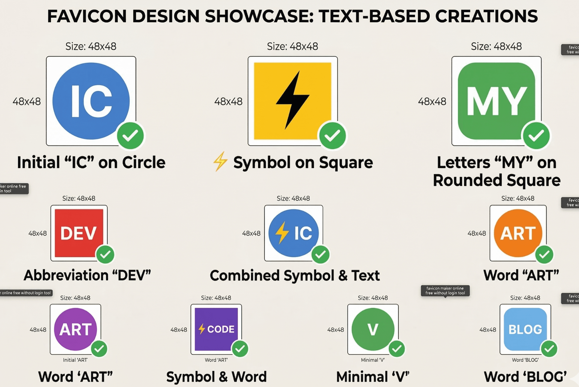 Various favicon designs created with favicon maker online free without login tool