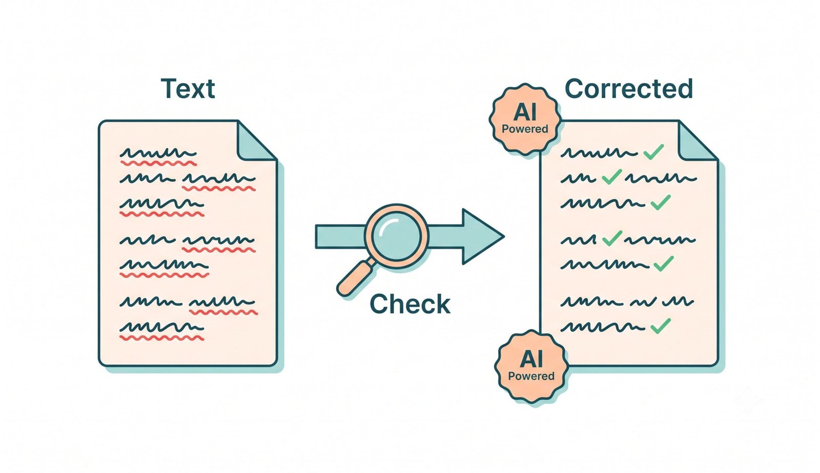 Simple illustration showing AI grammar check – improve your writing with smart grammar and spelling correction