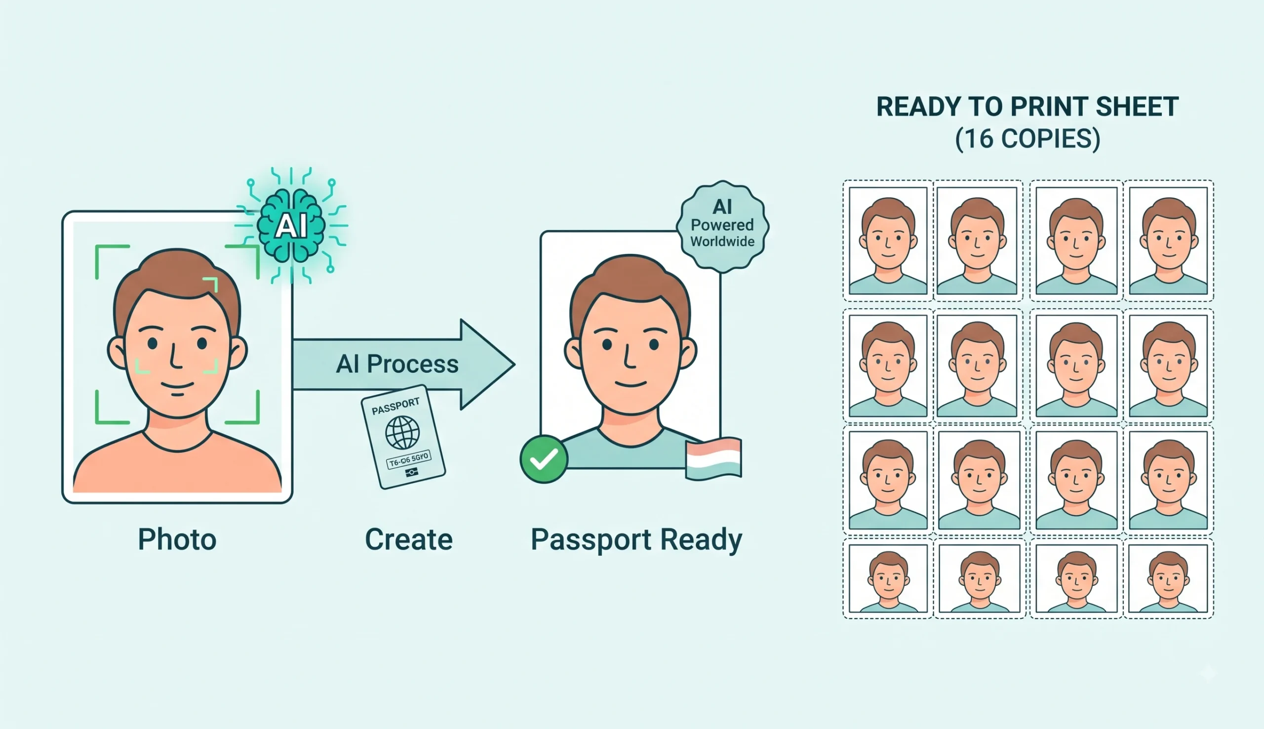 Simple illustration showing AI passport photo maker – create passport photos for any country with AI