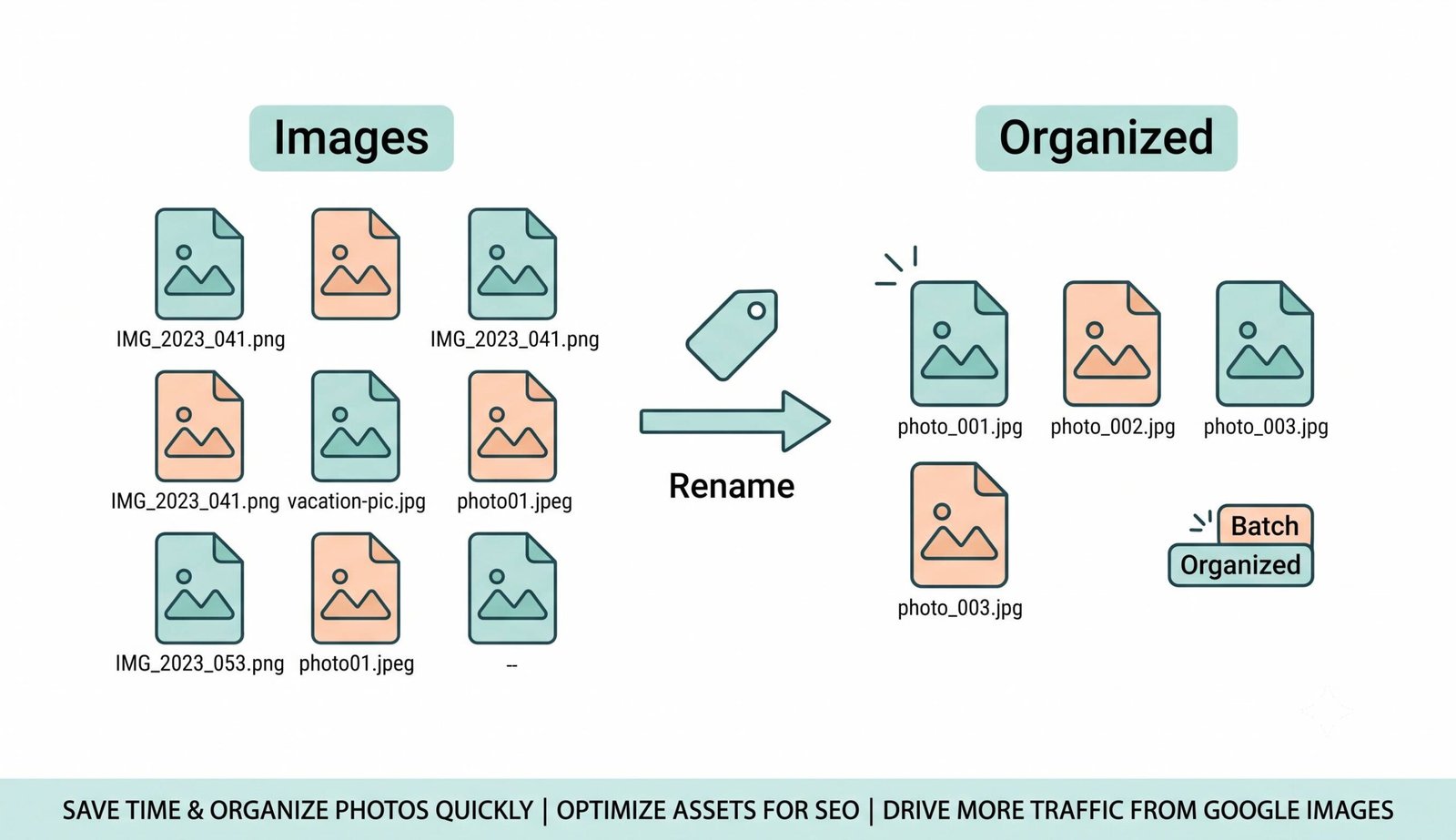 Simple illustration showing how to batch rename files online with smart pattern tags and zero compression