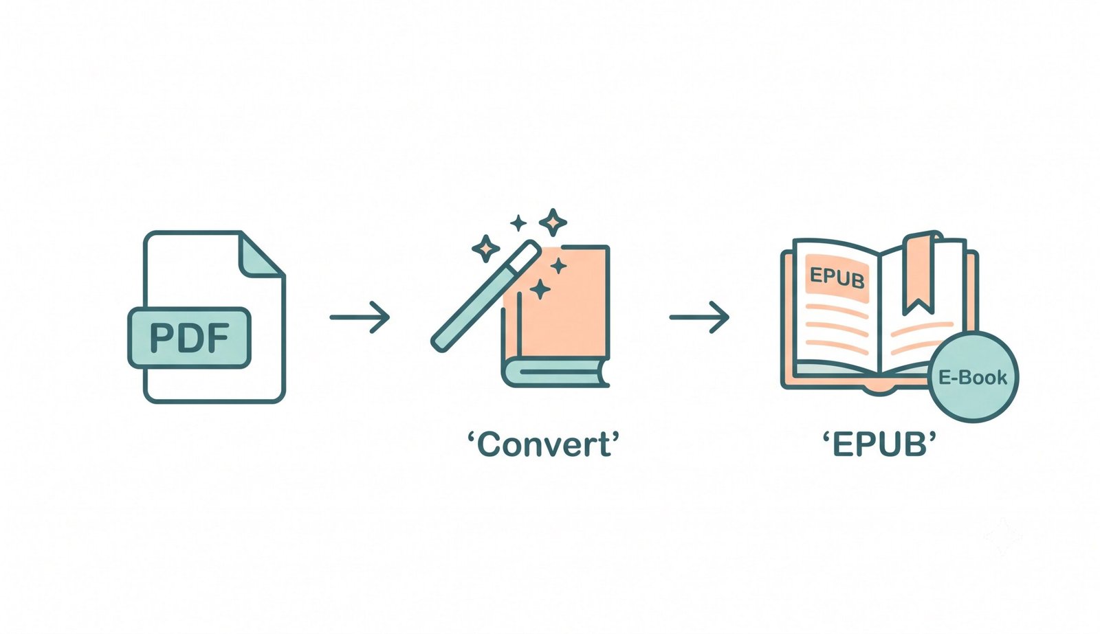 Simple illustration showing convert PDF to EPUB – transform PDFs into e-books for Google Play Books and e-readers