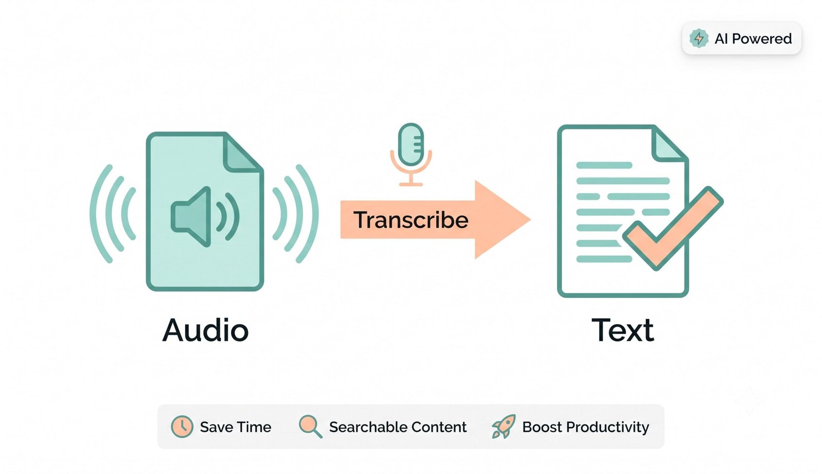 Simple illustration showing convert speech to text – transcribe audio files to text instantly