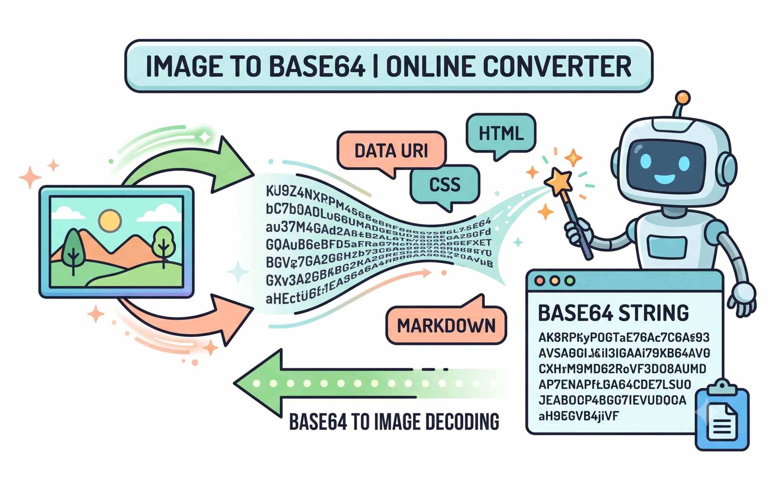 Smart base64 compression workflow showing how to base64 encode image files and generate base64 image src
